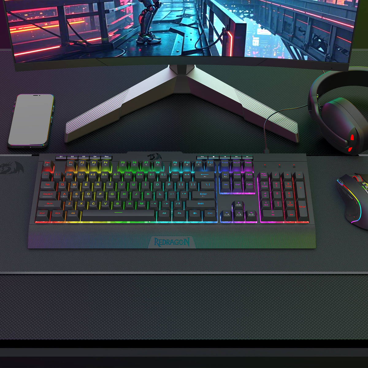 Redragon EU K525 RGB Backlit Membrane Gaming Keyboard with Multimedia Keys, Linear Mechanical-Feel Switch, 4 Extra On-Board Macro Keys, Dedicated Media Control, Detachable Wrist Rest