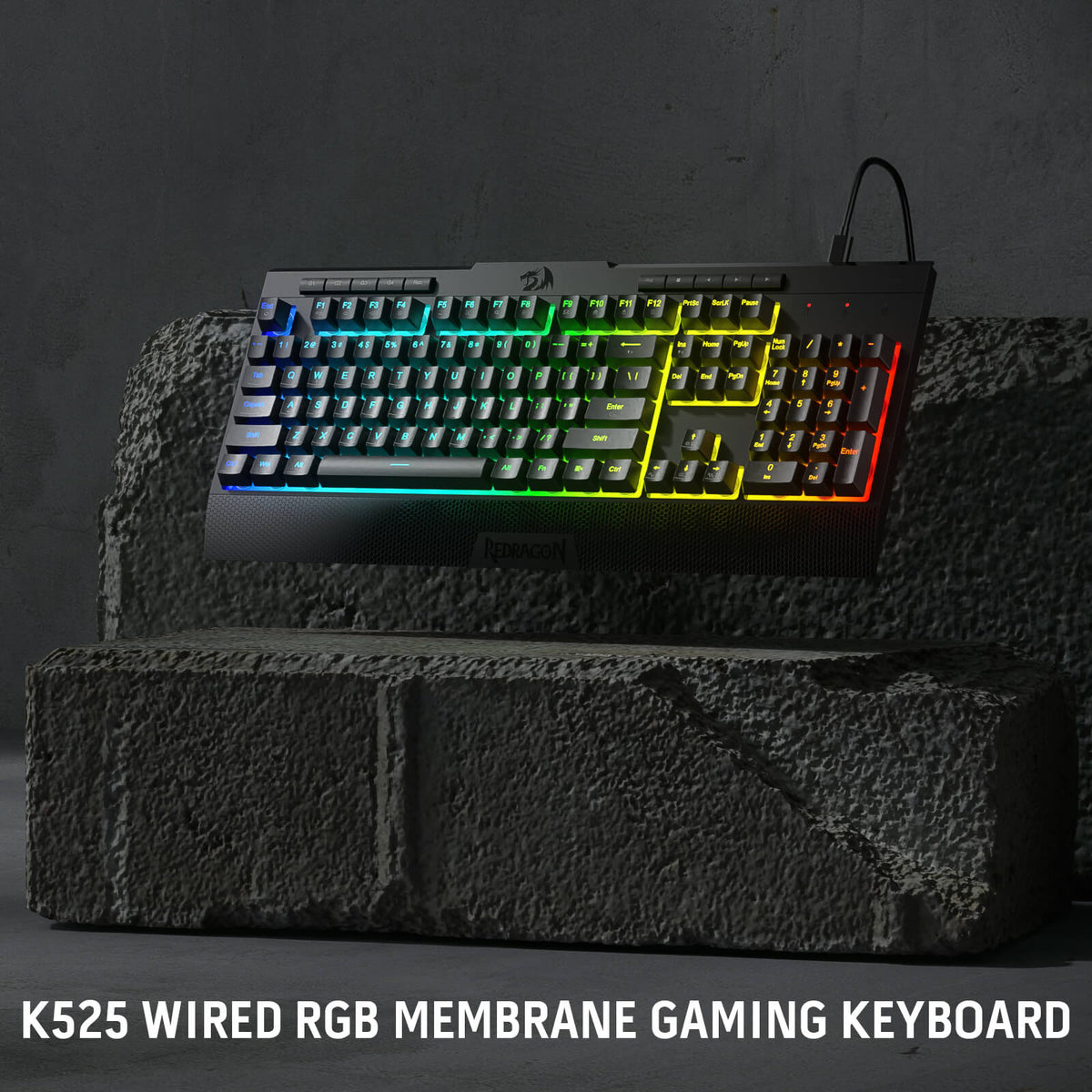 Redragon EU K525 Gaming keyboard with RGB lighting on a textured black surface