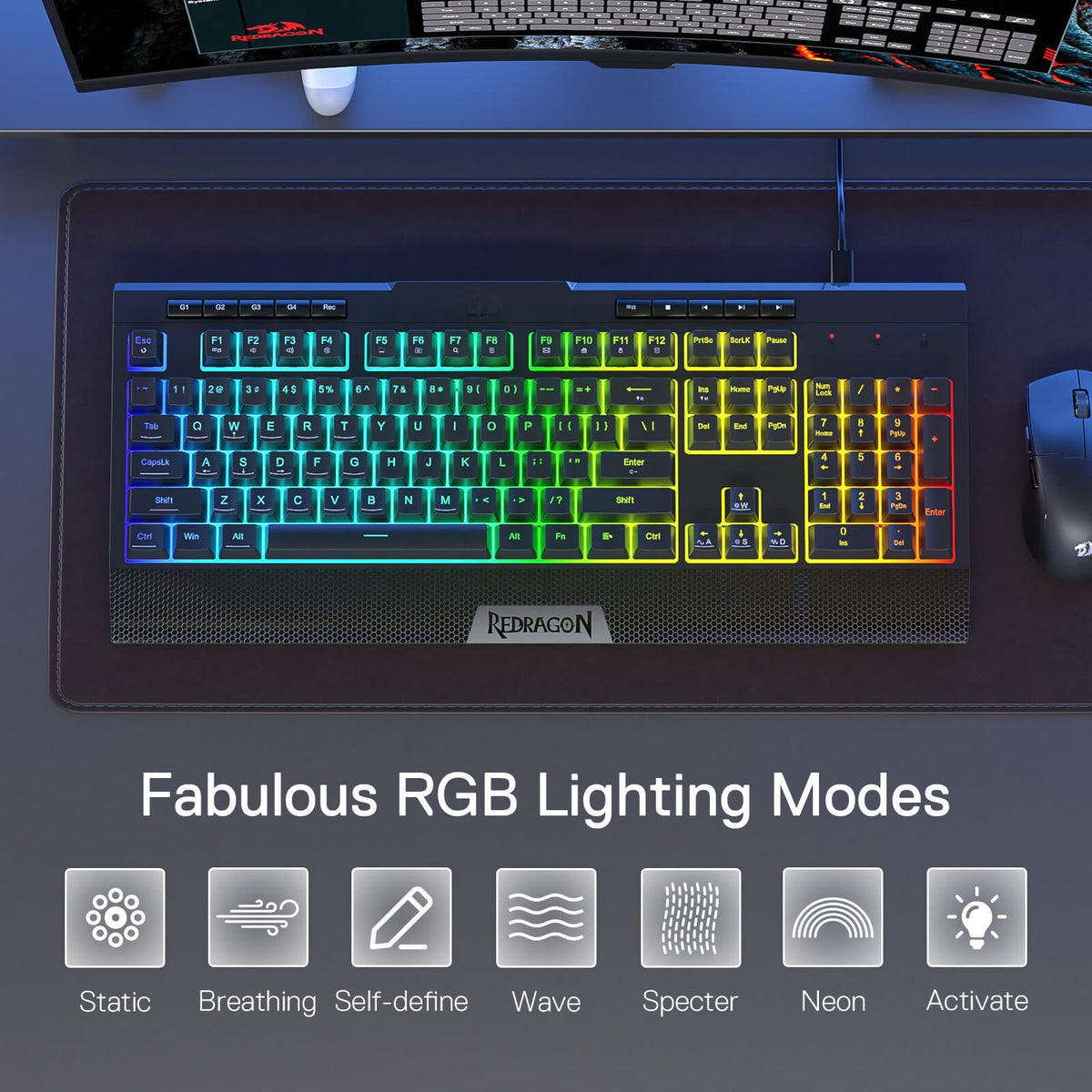 Redragon EU K525 Wired Gaming keyboard with RGB lighting on a desk setup, featuring Redragon EU brand.