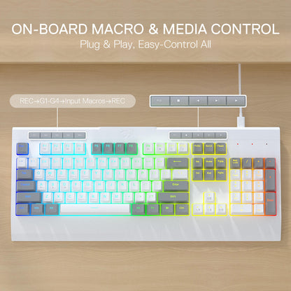 Redragon EU K525 Wired Membrane Keyboard with on-board macro and media control features on a wooden surface