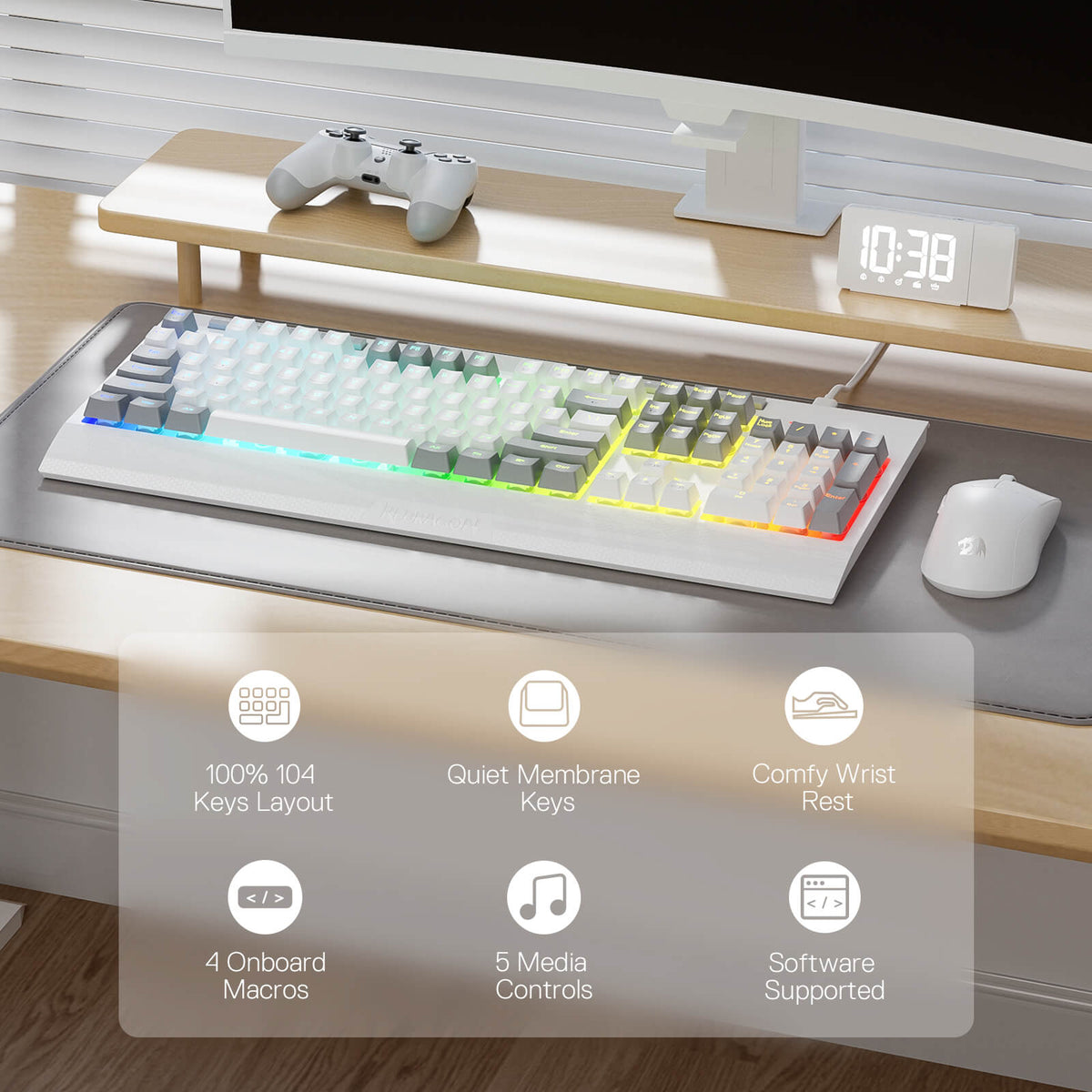 Redragon EU K525 Keyboard on a desk with a monitor, clock, and mouse, featuring text about keyboard features.