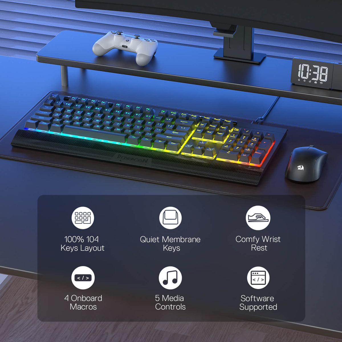 Redragon EU K525 Gaming keyboard and mouse setup on a desk with RGB lighting, featuring product features.