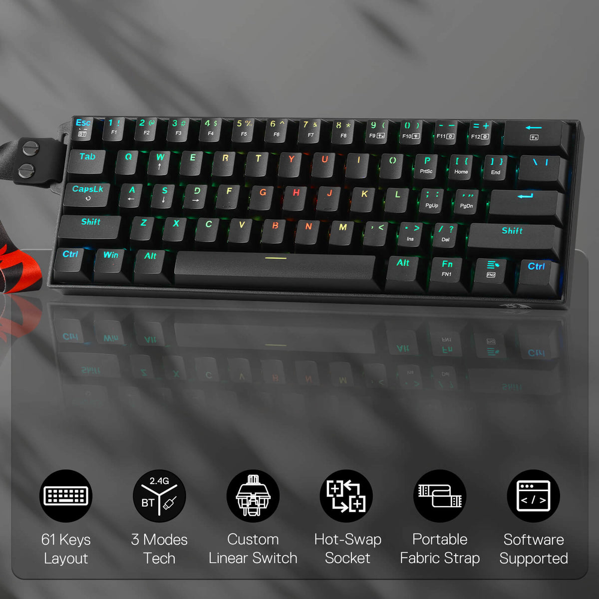 Redragon EU K530 Pro 60% 3-Mode Wireless RGB Mechanical Keyboard, 61 Keys Hot-Swappable Compact Gaming Keyboard w/Portable Strap, Hot-Swap Socket, 2-Layer Foam & Custom Dragon Chant Linear Switch