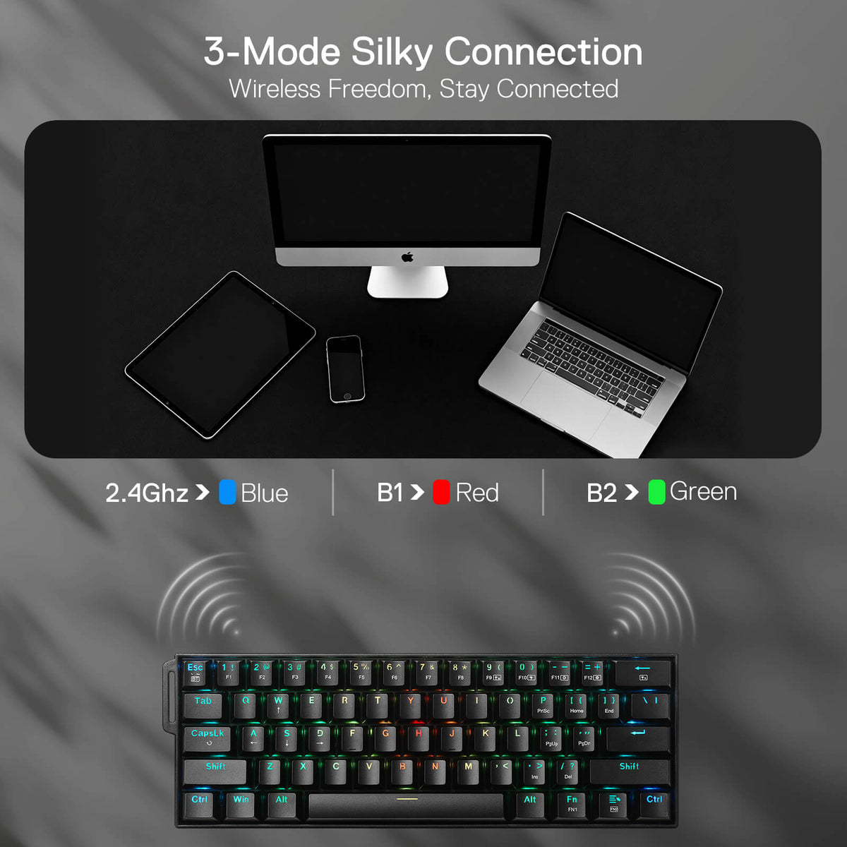 Redragon EU K530 Pro 60% 3-Mode Wireless RGB Mechanical Keyboard, 61 Keys Hot-Swappable Compact Gaming Keyboard w/Portable Strap, Hot-Swap Socket, 2-Layer Foam & Custom Dragon Chant Linear Switch