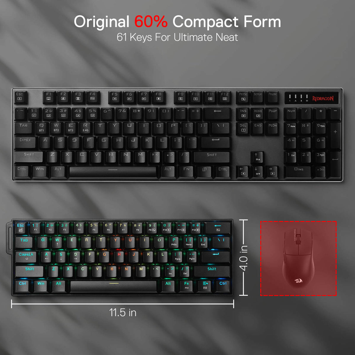 Redragon EU K530 Pro 60% 3-Mode Wireless RGB Mechanical Keyboard, 61 Keys Hot-Swappable Compact Gaming Keyboard w/Portable Strap, Hot-Swap Socket, 2-Layer Foam & Custom Dragon Chant Linear Switch