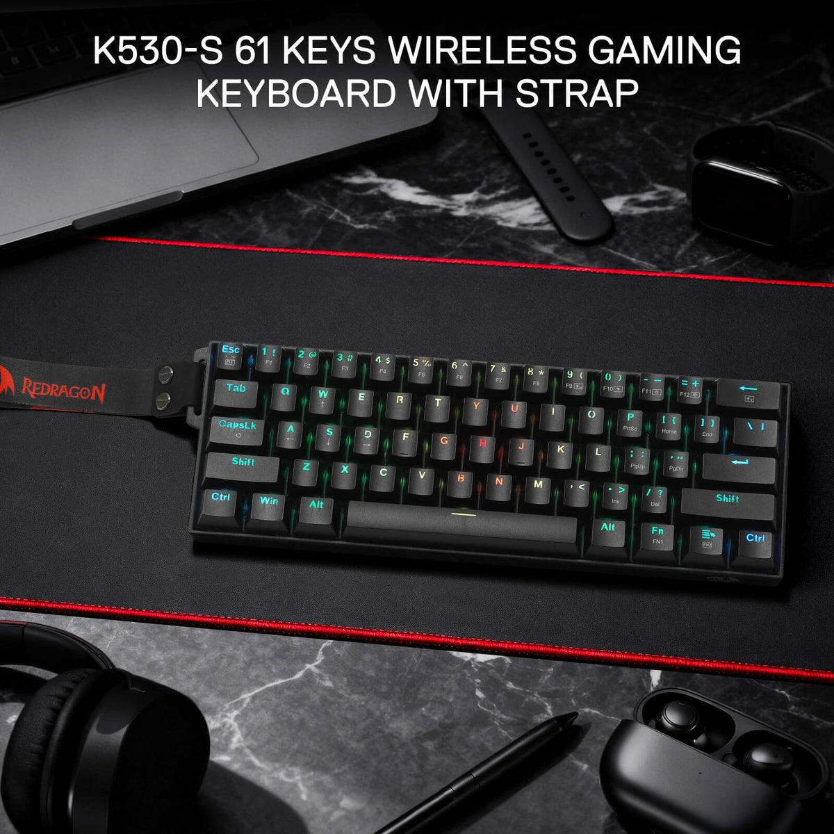 Redragon EU K530 Pro 60% 3-Mode Wireless RGB Mechanical Keyboard, 61 Keys Hot-Swappable Compact Gaming Keyboard w/Portable Strap, Hot-Swap Socket, 2-Layer Foam & Custom Dragon Chant Linear Switch