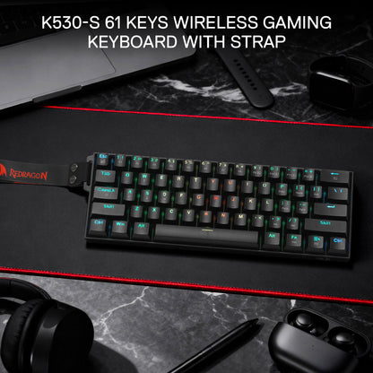 Redragon EU K530 Pro 60% 3-Mode Wireless RGB Mechanical Keyboard, 61 Keys Hot-Swappable Compact Gaming Keyboard w/Portable Strap, Hot-Swap Socket, 2-Layer Foam & Custom Dragon Chant Linear Switch