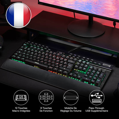 Redragon EU Gaming keyboard with RGB lighting on a desk setup, featuring a French flag icon.