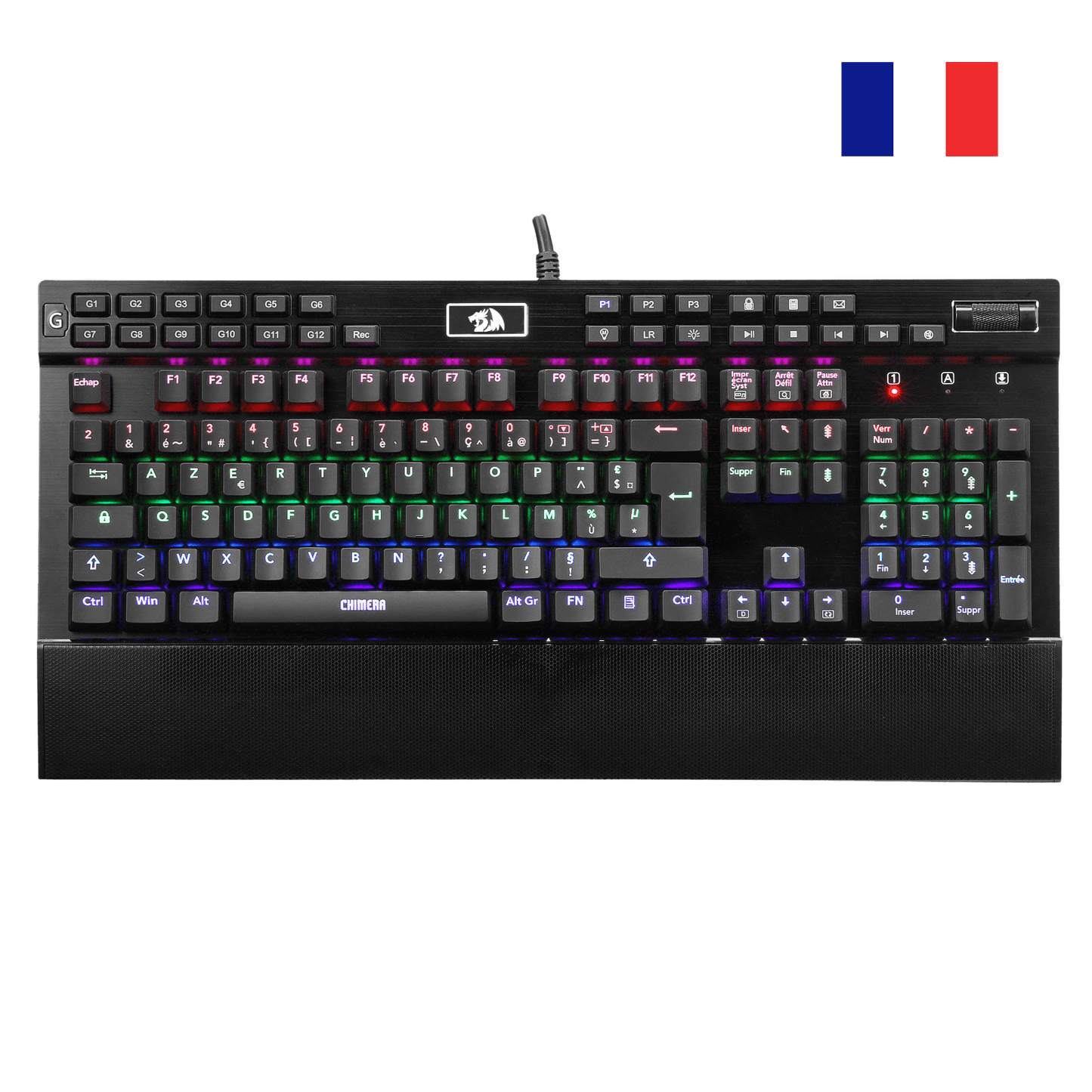 Redragon EU K550 RGB AZERTY Gaming Keyboard, 104 Keys + 12 Macro G Keys, Wired Mechanical Keyboard, Aluminium Top Plate, Purple Clickable Switch, 2 USB Ports, Wrist Rest, Black