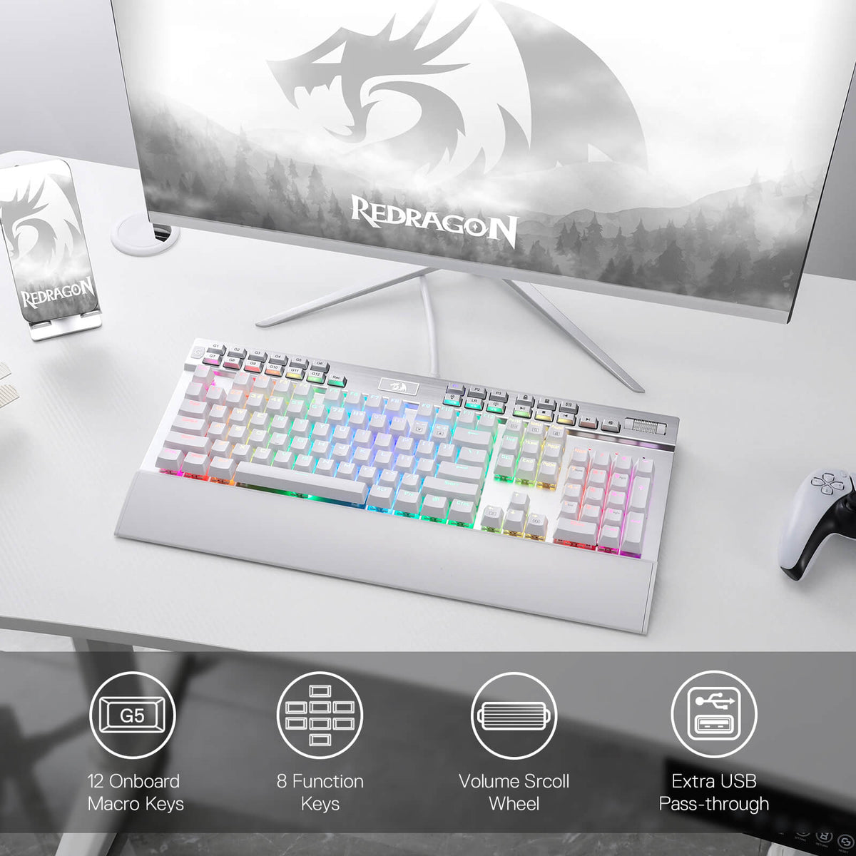 Redragon EU K550 RGB Gaming Keyboard, 104 Keys + 12 Macro G Keys Wired Mechanical Keyboard w/Aluminum Top Plate, Custom Clicky Purple Switch, Extra USB Port & Wrist Rest