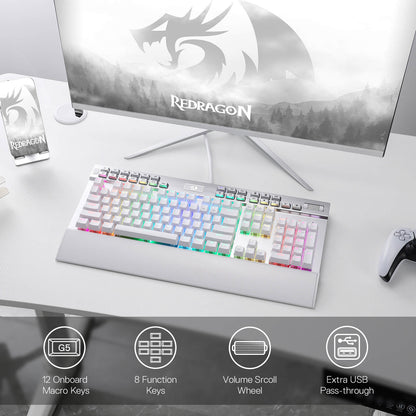 Redragon EU K550 RGB Gaming Keyboard, 104 Keys + 12 Macro G Keys Wired Mechanical Keyboard w/Aluminum Top Plate, Custom Clicky Purple Switch, Extra USB Port & Wrist Rest