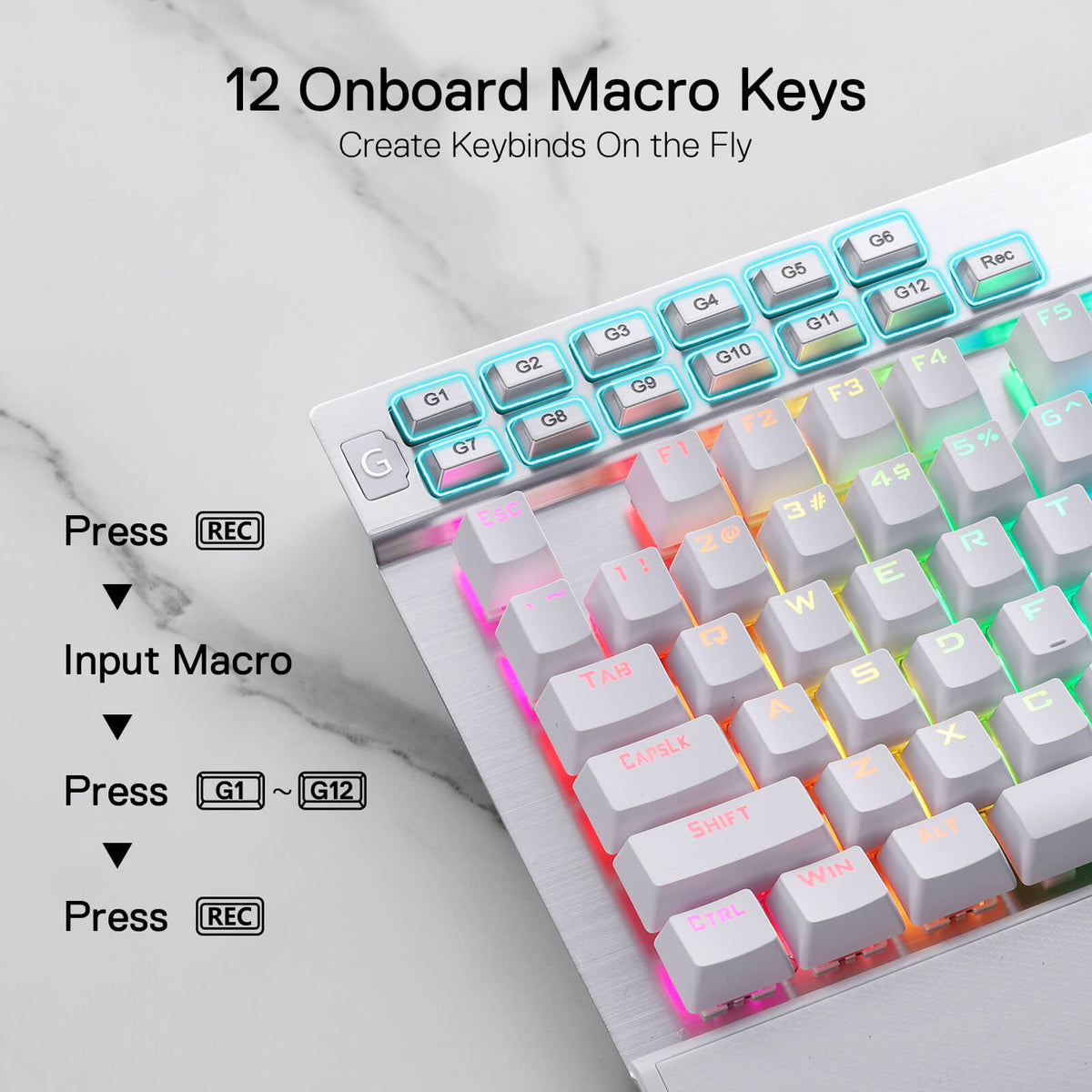 Redragon EU K550 RGB Gaming Keyboard, 104 Keys + 12 Macro G Keys Wired Mechanical Keyboard w/Aluminum Top Plate, Custom Clicky Purple Switch, Extra USB Port & Wrist Rest