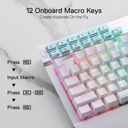 Redragon EU K550 RGB Gaming Keyboard, 104 Keys + 12 Macro G Keys Wired Mechanical Keyboard w/Aluminum Top Plate, Custom Clicky Purple Switch, Extra USB Port & Wrist Rest