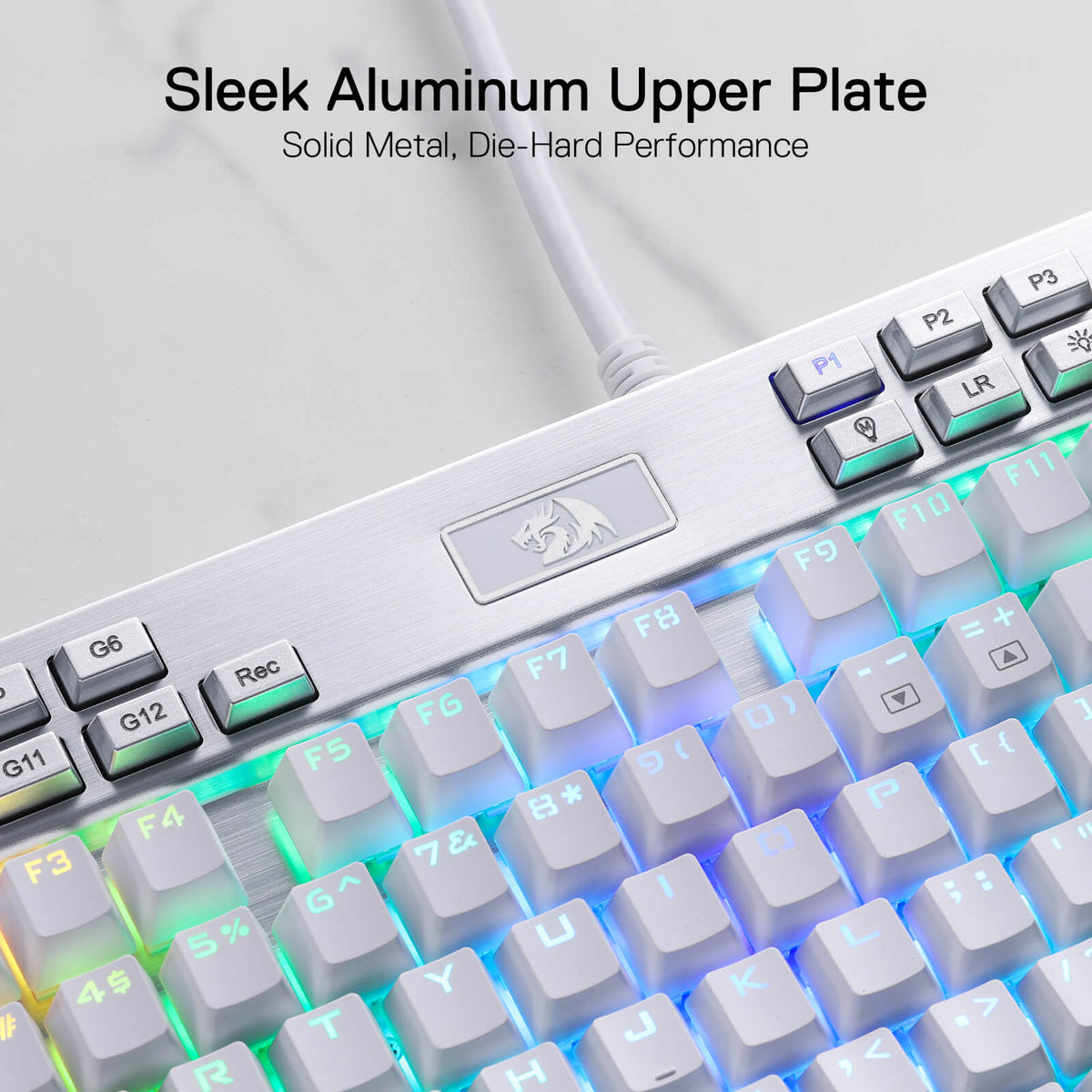 Redragon EU K550 RGB Gaming Keyboard, 104 Keys + 12 Macro G Keys Wired Mechanical Keyboard w/Aluminum Top Plate, Custom Clicky Purple Switch, Extra USB Port & Wrist Rest