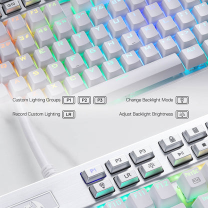 Redragon EU K550 RGB Gaming Keyboard, 104 Keys + 12 Macro G Keys Wired Mechanical Keyboard w/Aluminum Top Plate, Custom Clicky Purple Switch, Extra USB Port & Wrist Rest