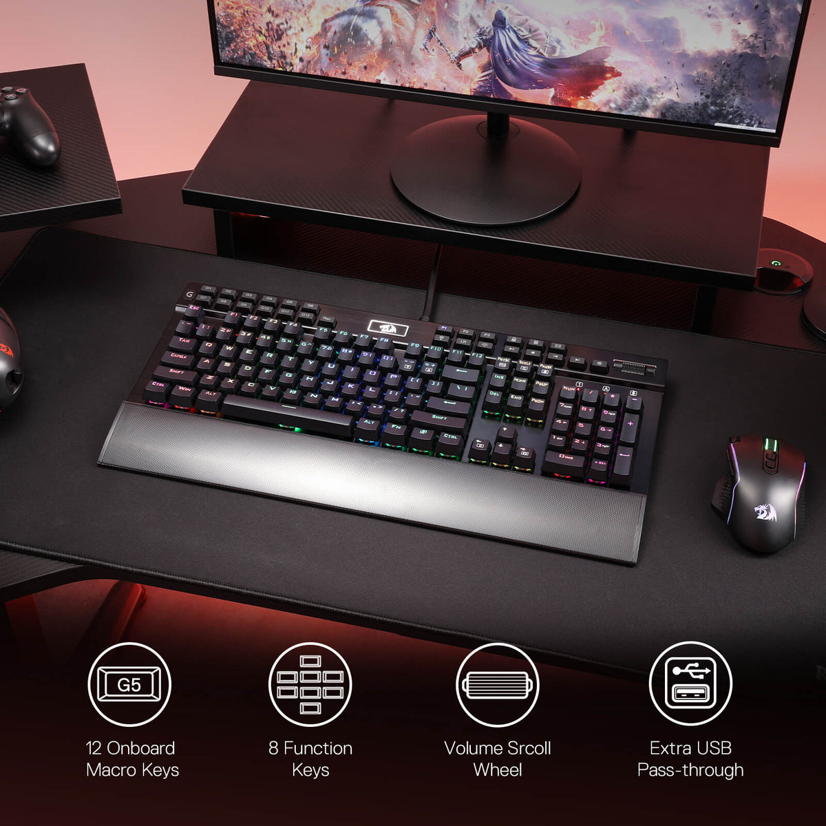 Redragon EU K550 RGB Gaming Keyboard, 104 Keys + 12 Macro G Keys Wired Mechanical Keyboard w/Aluminum Top Plate, Custom Clicky Purple Switch, Extra USB Port & Wrist Rest
