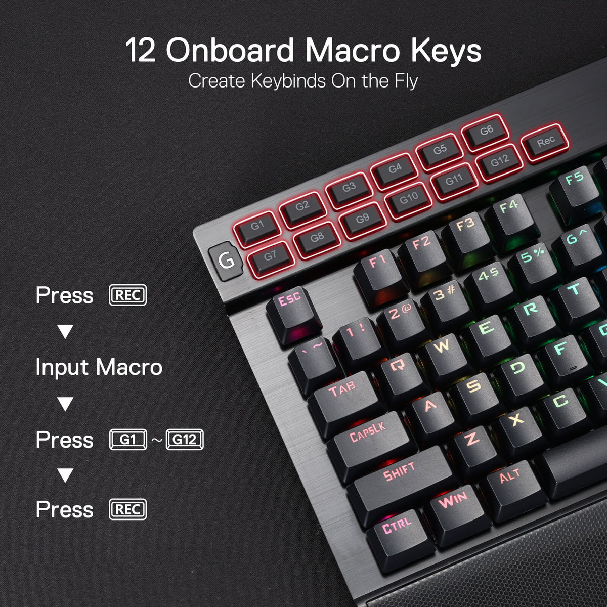 Redragon EU K550 RGB Gaming Keyboard, 104 Keys + 12 Macro G Keys Wired Mechanical Keyboard w/Aluminum Top Plate, Custom Clicky Purple Switch, Extra USB Port & Wrist Rest