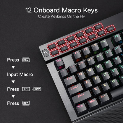 Redragon EU K550 RGB Gaming Keyboard, 104 Keys + 12 Macro G Keys Wired Mechanical Keyboard w/Aluminum Top Plate, Custom Clicky Purple Switch, Extra USB Port & Wrist Rest