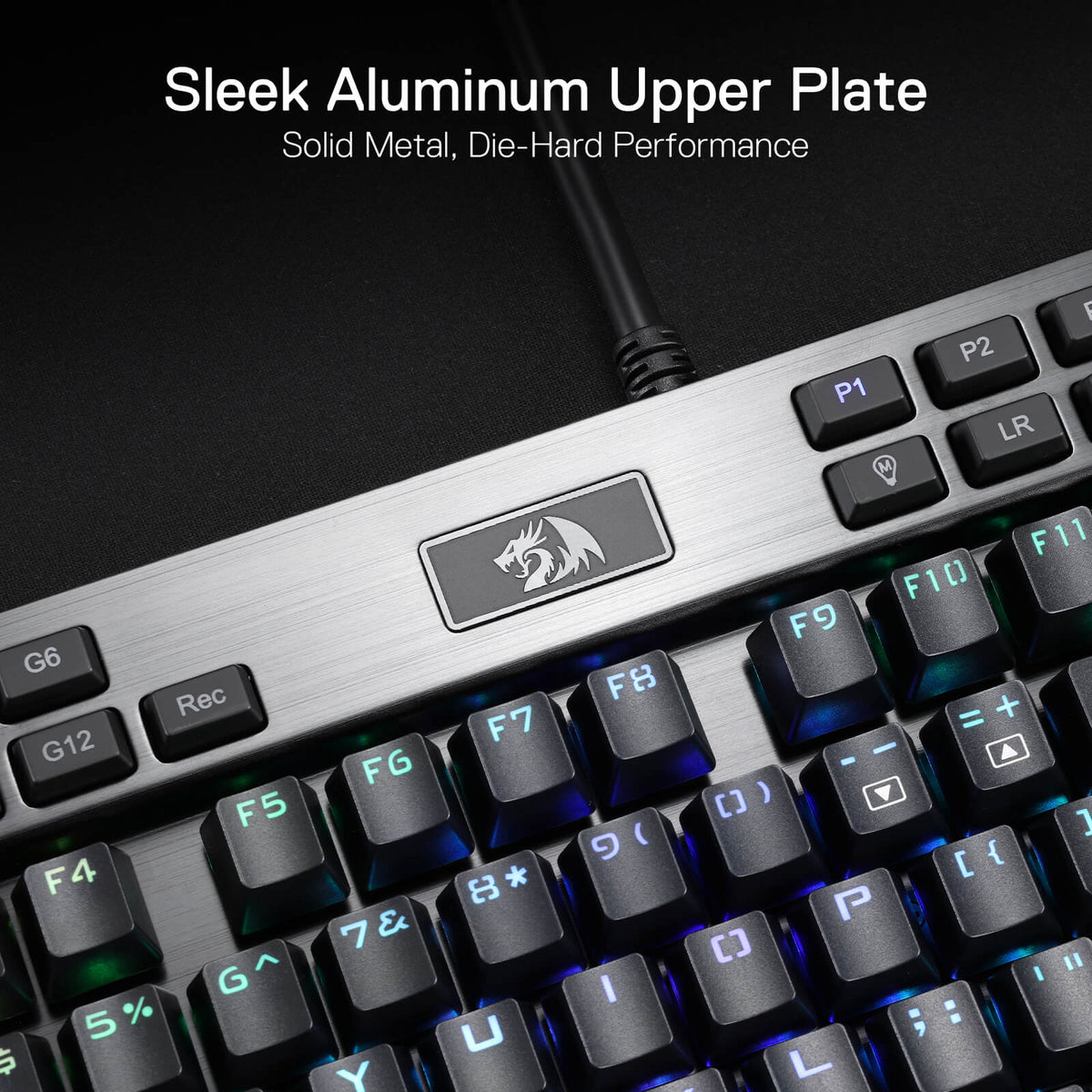 Redragon EU K550 RGB Gaming Keyboard, 104 Keys + 12 Macro G Keys Wired Mechanical Keyboard w/Aluminum Top Plate, Custom Clicky Purple Switch, Extra USB Port & Wrist Rest