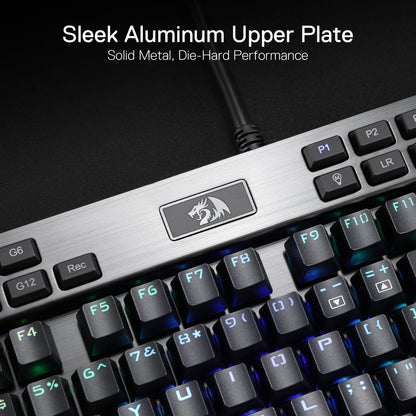 Redragon EU K550 RGB Gaming Keyboard, 104 Keys + 12 Macro G Keys Wired Mechanical Keyboard w/Aluminum Top Plate, Custom Clicky Purple Switch, Extra USB Port & Wrist Rest