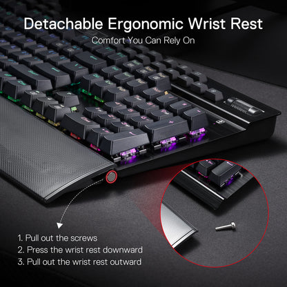 Redragon EU K550 RGB Gaming Keyboard, 104 Keys + 12 Macro G Keys Wired Mechanical Keyboard w/Aluminum Top Plate, Custom Clicky Purple Switch, Extra USB Port & Wrist Rest