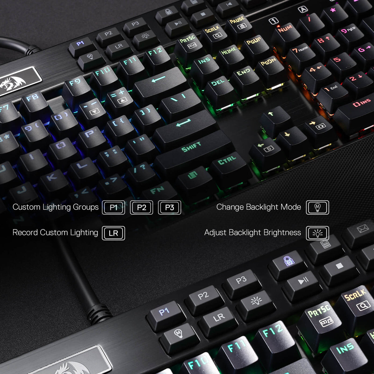 Redragon EU K550 RGB Gaming Keyboard, 104 Keys + 12 Macro G Keys Wired Mechanical Keyboard w/Aluminum Top Plate, Custom Clicky Purple Switch, Extra USB Port & Wrist Rest
