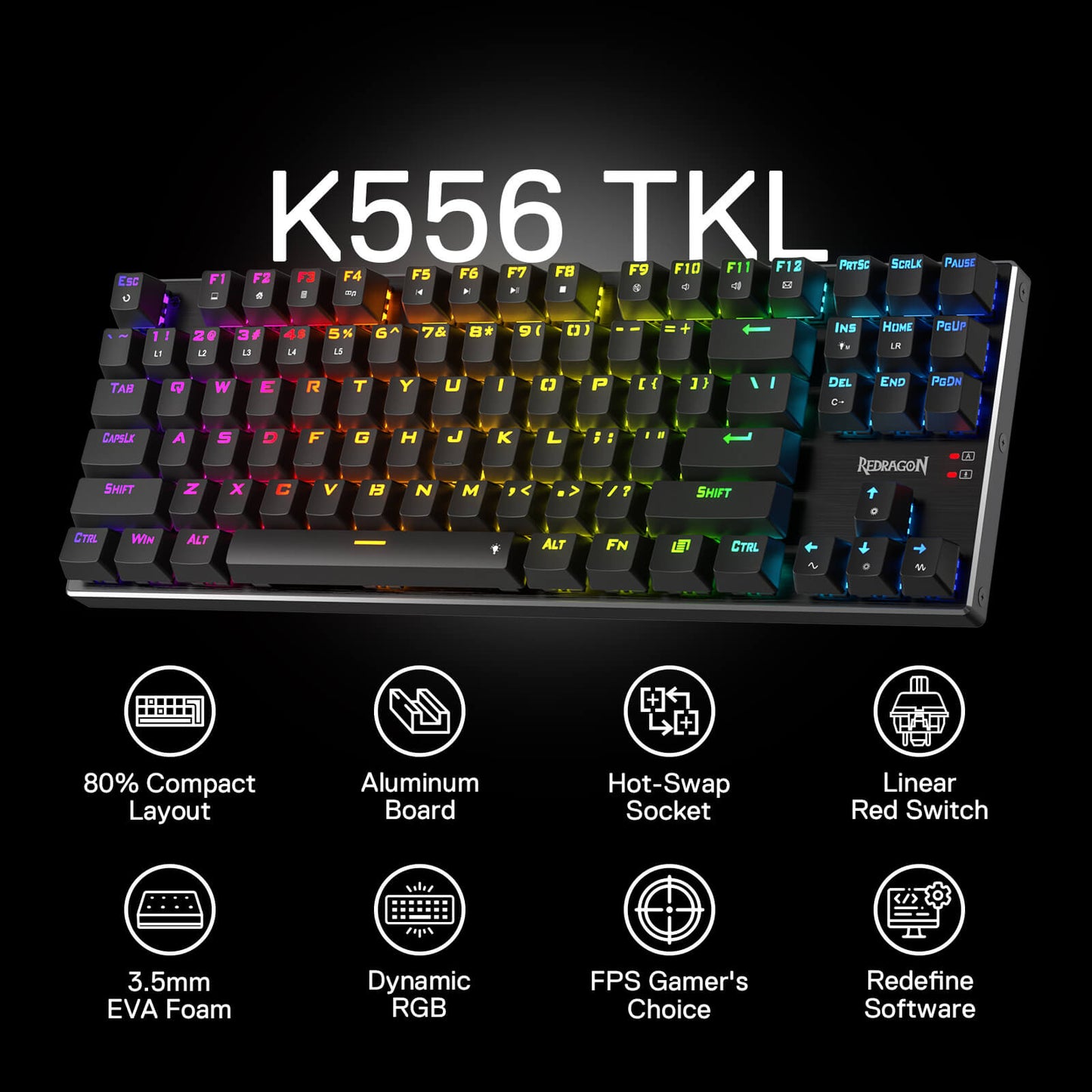 Redragon EU K556 TKL RGB Wired/Tri-Mode Wireless Mechanical Gaming Keyboard