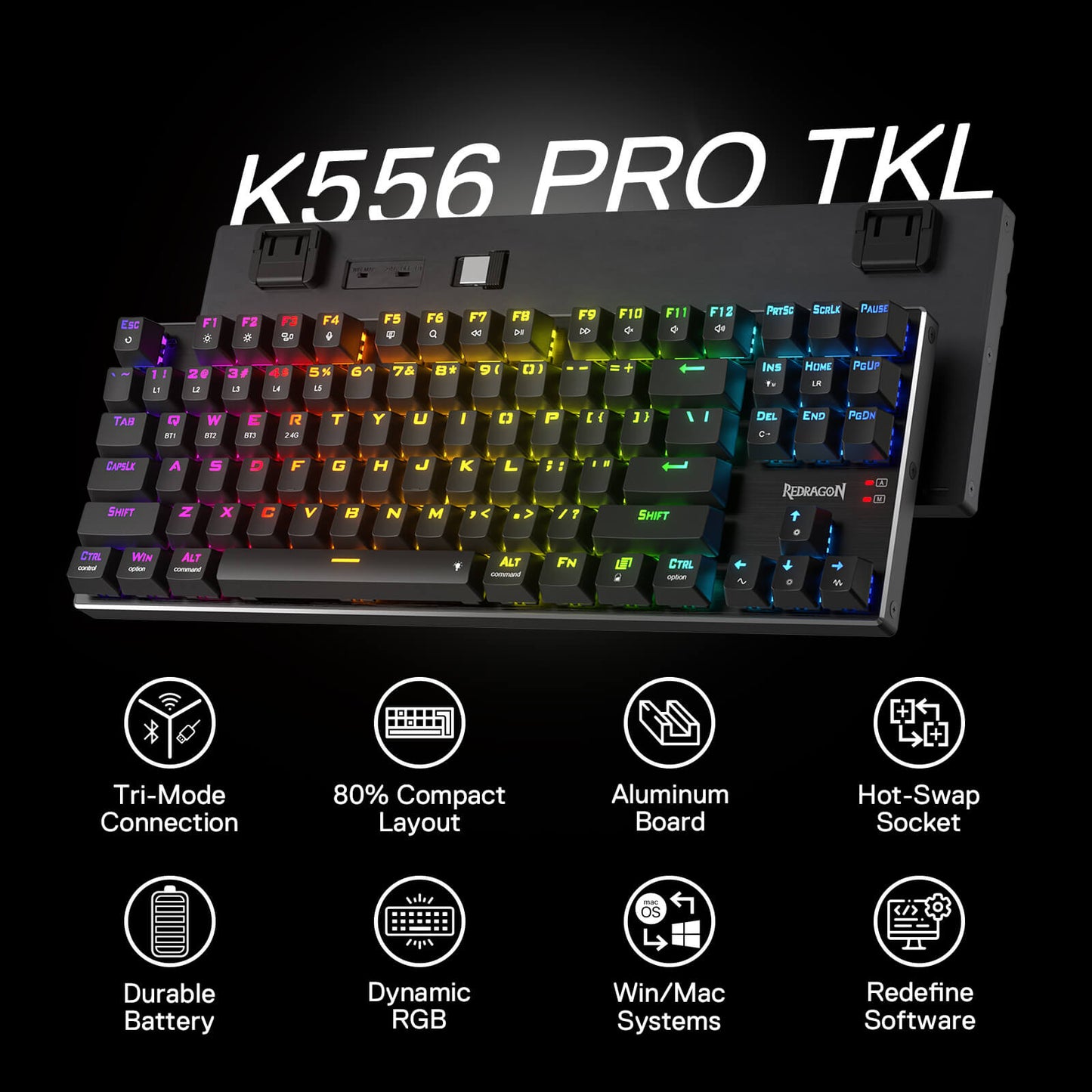 Redragon EU K556 TKL RGB Wired/Tri-Mode Wireless Mechanical Gaming Keyboard