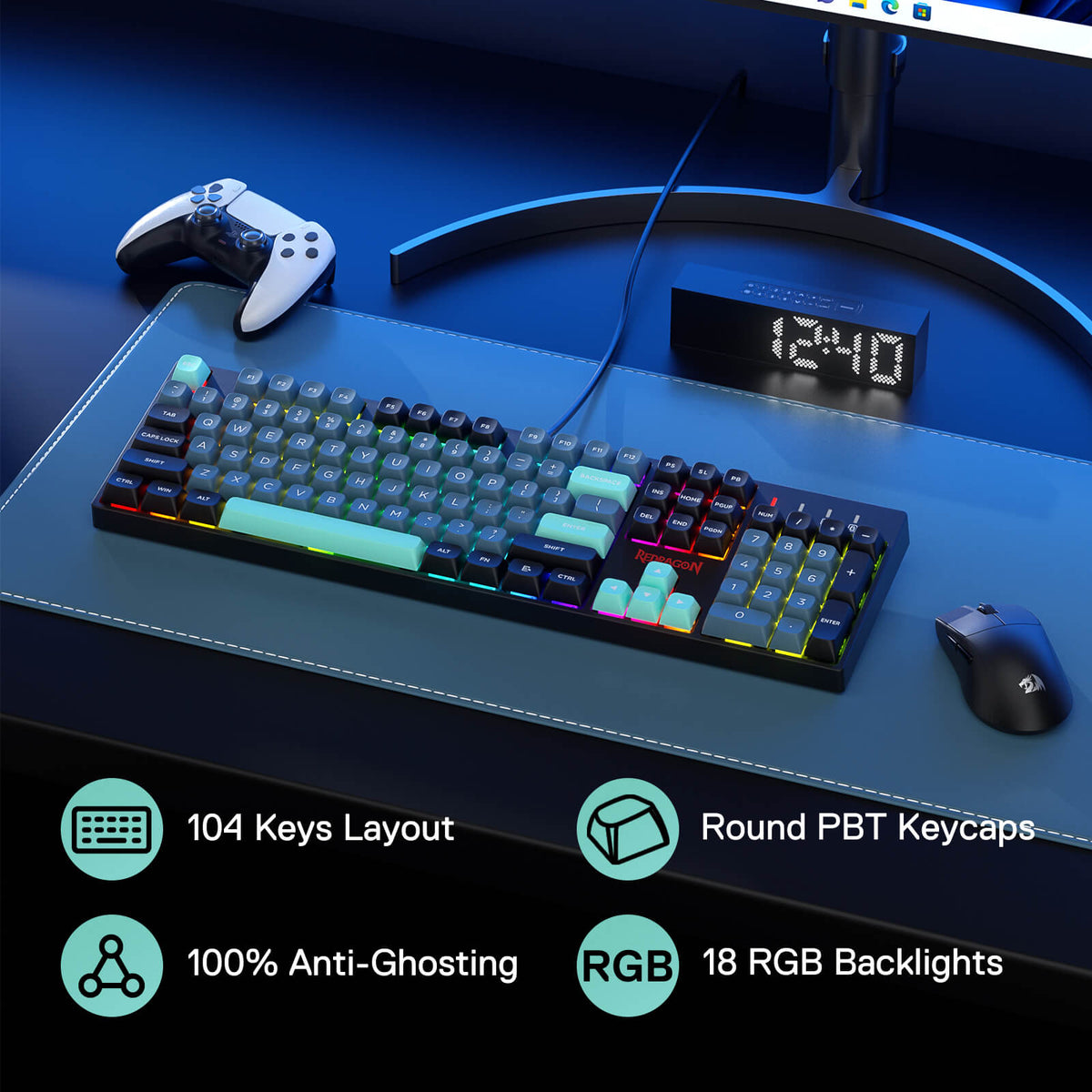 Redragon EU K582 SE Wired RGB Gaming Keyboard, 104 Keys Mechanical Keyboard w/Mixed Color Round PBT Keycaps, Dynamic 16.8M RGB Backlit & Linear Red Switch, Redefine Software Supported