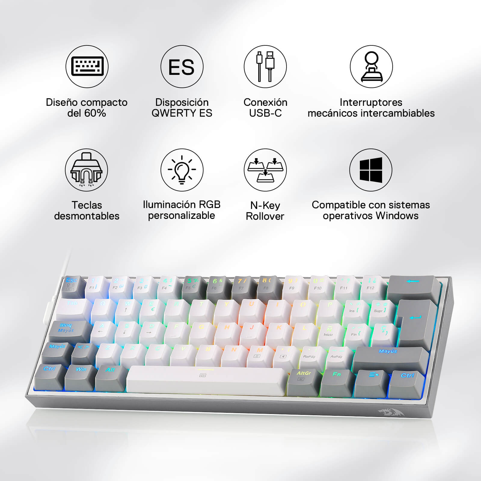 Redragon EU K617 Fizz 60% Disposición QWERTY ES Teclado Gaming, LED Iluminación Teclado para Juegos con Cable USB-C, Teclado Ultra-Compacto 62 Teclas, Hot Swap interruptores Rojos- para PC/Windows