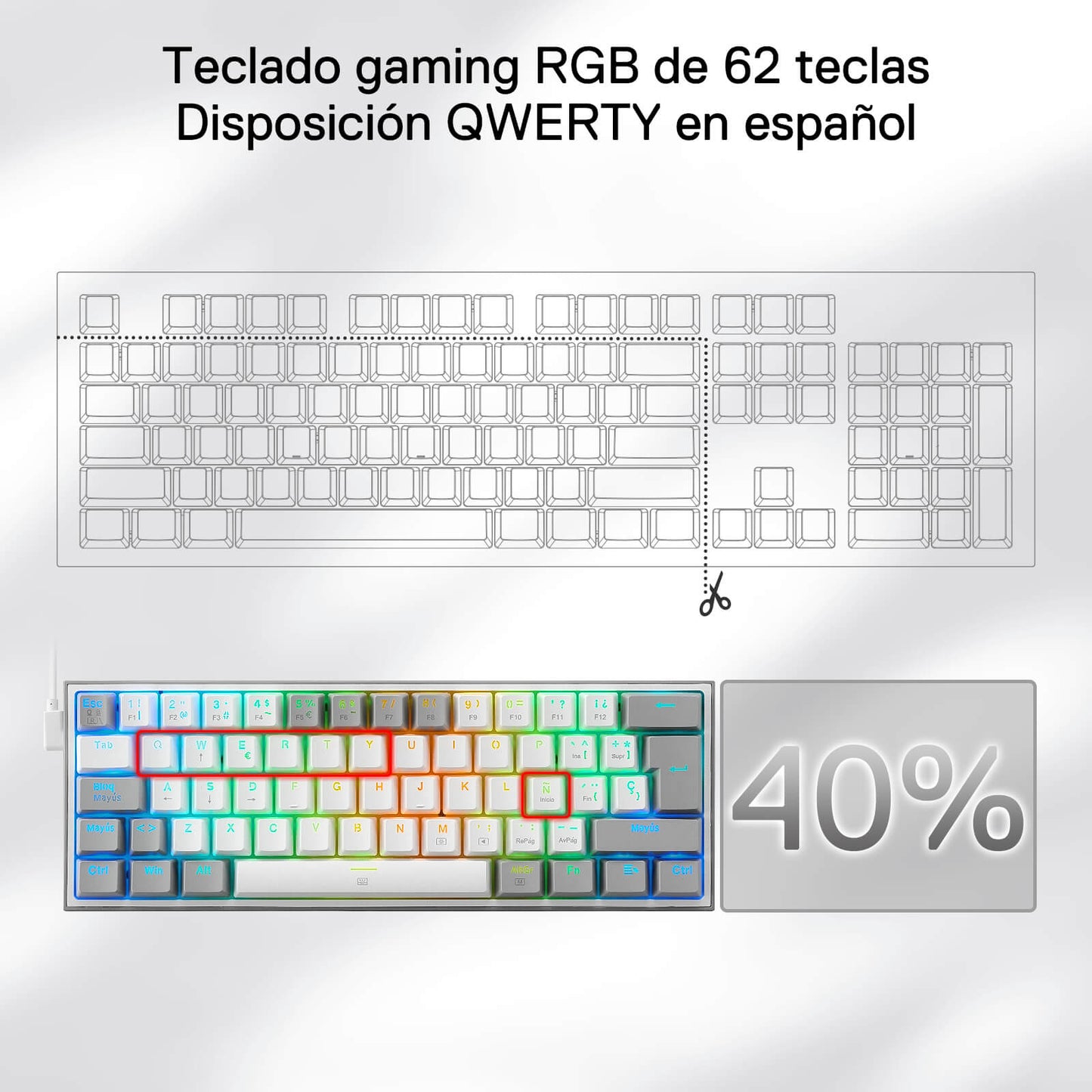 Redragon EU K617 Fizz 60% Disposición QWERTY ES Teclado Gaming, LED Iluminación Teclado para Juegos con Cable USB-C, Teclado Ultra-Compacto 62 Teclas, Hot Swap interruptores Rojos- para PC/Windows