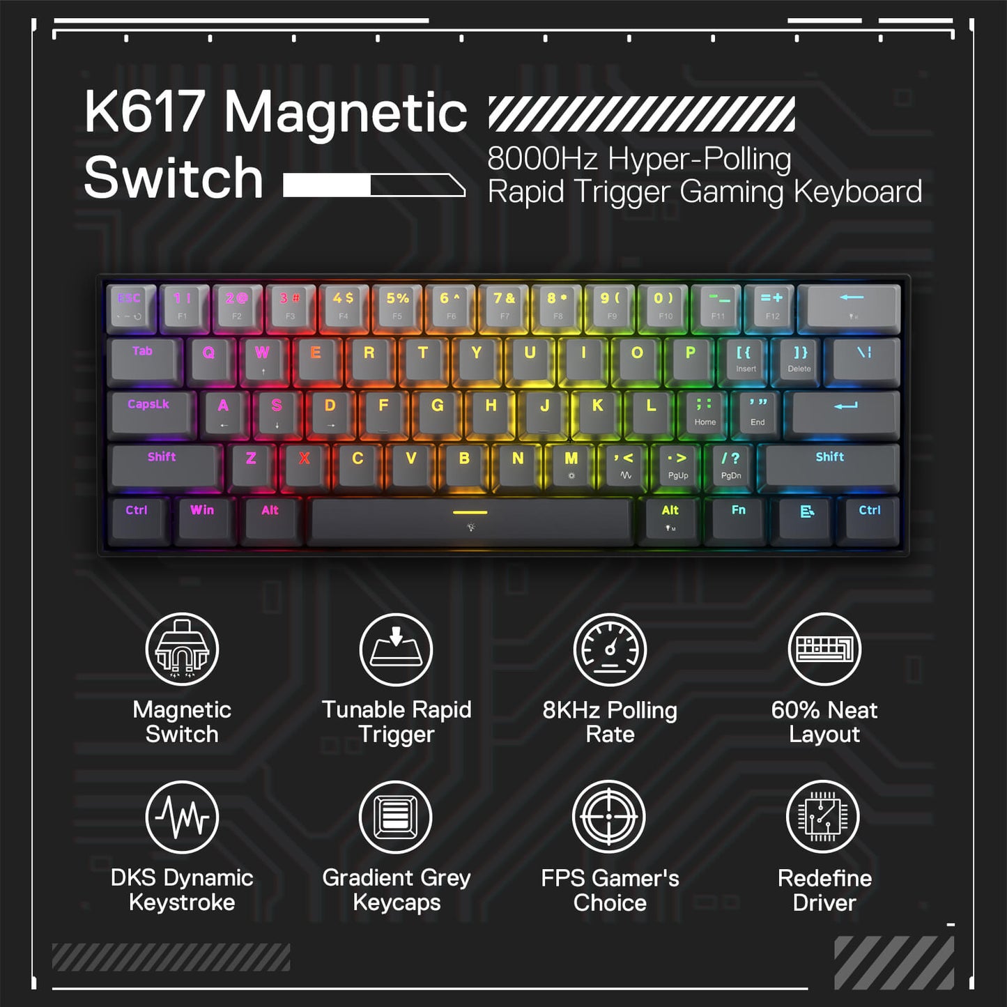 Redragon EU K617 Magnetic Switch Gaming Keyboard with 8000Hz Hyper-Polling and Rapid Trigger for Enhanced Gaming Performance