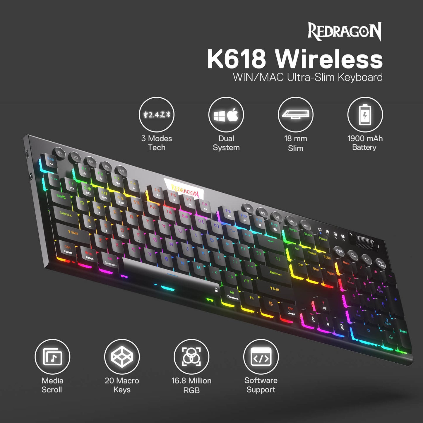 Redragon EU K618 wireless mechanical keyboard with dual-system support, ultra-slim design, 1900mAh battery, and RGB backlighting