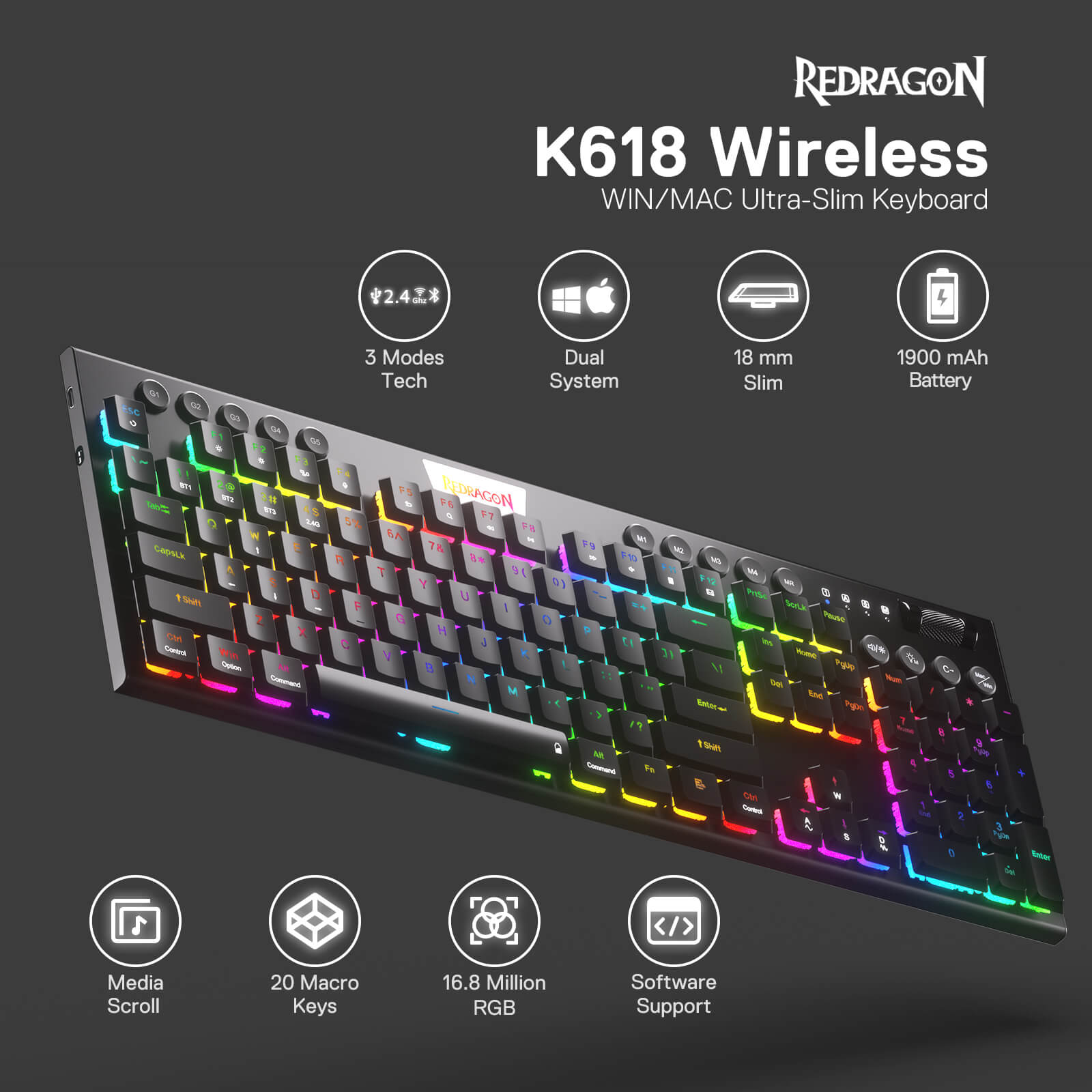 Redragon EU K618 wireless mechanical keyboard with dual-system support, ultra-slim design, 1900mAh battery, and RGB backlighting