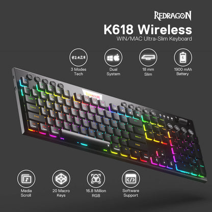 Redragon EU K618 wireless mechanical keyboard with dual-system support, ultra-slim design, 1900mAh battery, and RGB backlighting