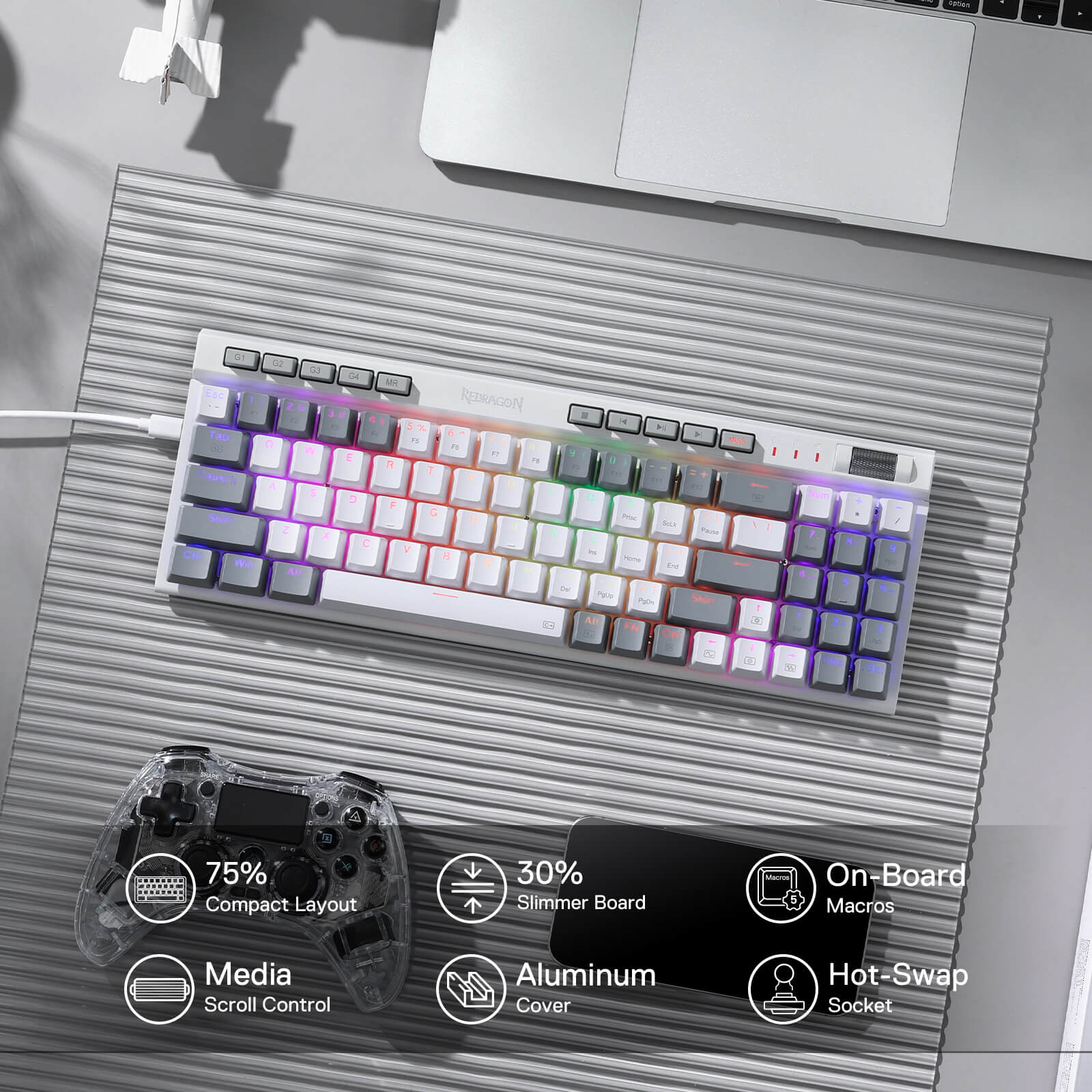 Redragon EU K655 75% RGB Wired Mechanical Gaming Keyboard, 78 Keys Hot-Swap Mechanical Keyboard w/Aluminum Cover Board, Upgraded Socket and Onboard Macro/Media Keys, Quiet Linear Red Switch