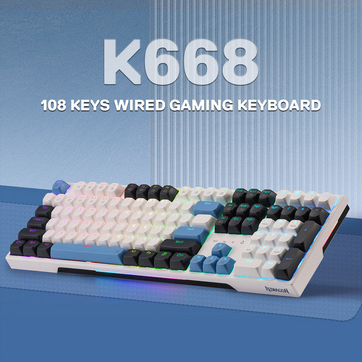 Redragon EU K668 108 keys wired gaming keyboard on a blue background