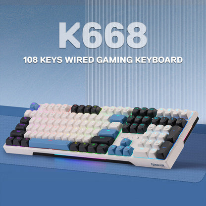 Redragon EU K668 108 keys wired gaming keyboard on a blue background