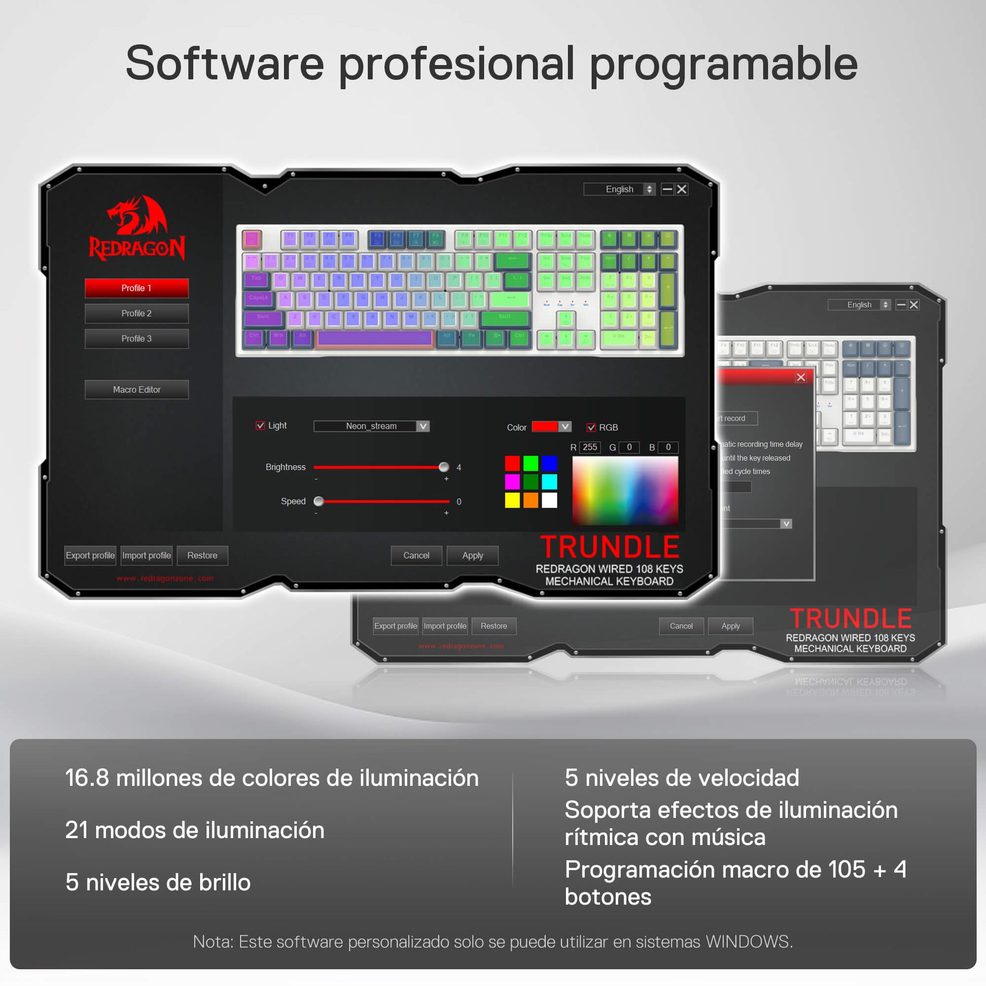 Redragon K668 RGB Teclado Gaming Mecánico Cableado 105+4 Teclas, Interruptores Rojos, Socket Hot-Swappable, Espumas Absorbentes, 2 Sets Teclas Mixtas, Disposición QWERTY Español, Redragon EU