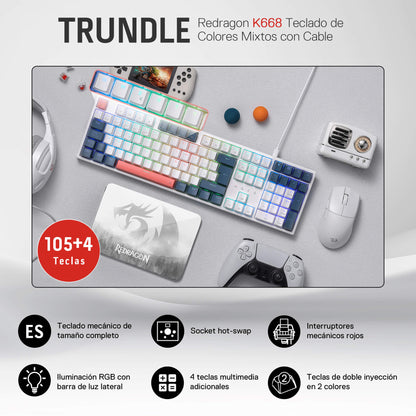 Redragon K668 RGB Teclado Gaming Mecánico Cableado 105+4 Teclas, Interruptores Rojos, Socket Hot-Swappable, Espumas Absorbentes, 2 Sets Teclas Mixtas, Disposición QWERTY Español, Redragon EU