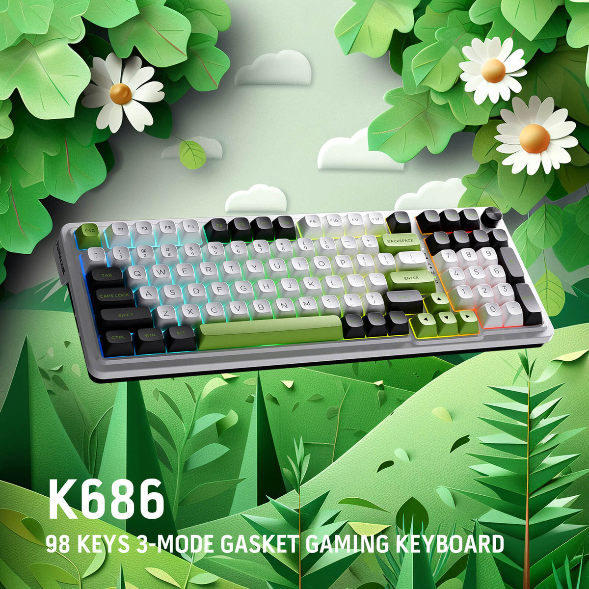 Redragon EU K686 PRO 98 Keys Wireless Gasket RGB Gaming Keyboard, 3-Mode PBT Mechanical Keyboard w/Hot-Swap Socket, Dedicated Knob Control & 5-Layer Noise Dampening, Custom Linear Switch