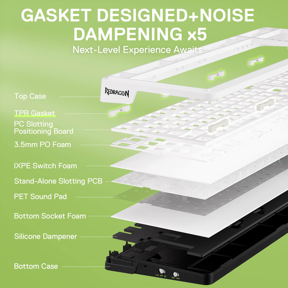 Redragon EU  K686 PRO 98 Keys Gasket RGB Gaming Keyboard layers showcasing gasket design and 5 noise dampening for improved acoustics