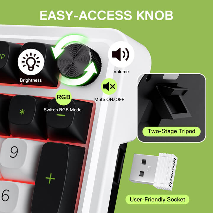 Redragon EU K686 MAX Keyboard with Easy-Access Knob for Controlling Brightness, Volume, RGB Mode, and Mute Function; Featuring Two-Stage Tripod and User-Friendly USB Socket