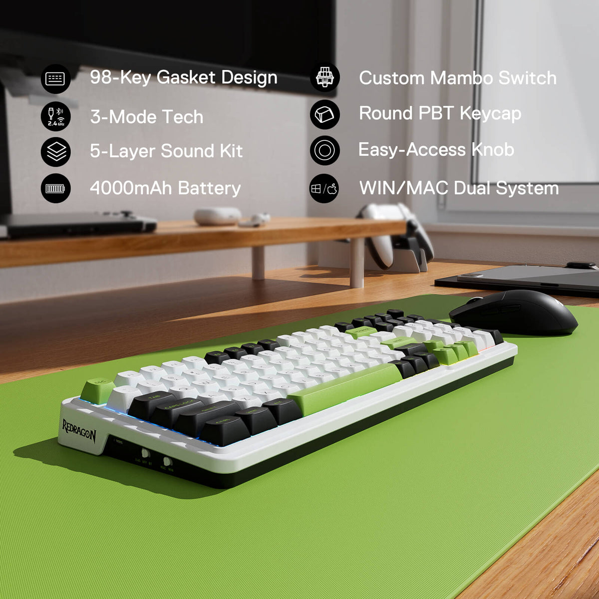 Redragon EU K686 PRO 98 Keys Wireless Gasket RGB Gaming Keyboard, 3-Mode PBT Mechanical Keyboard w/Hot-Swap Socket, Dedicated Knob Control & 5-Layer Noise Dampening, Custom Linear Switch