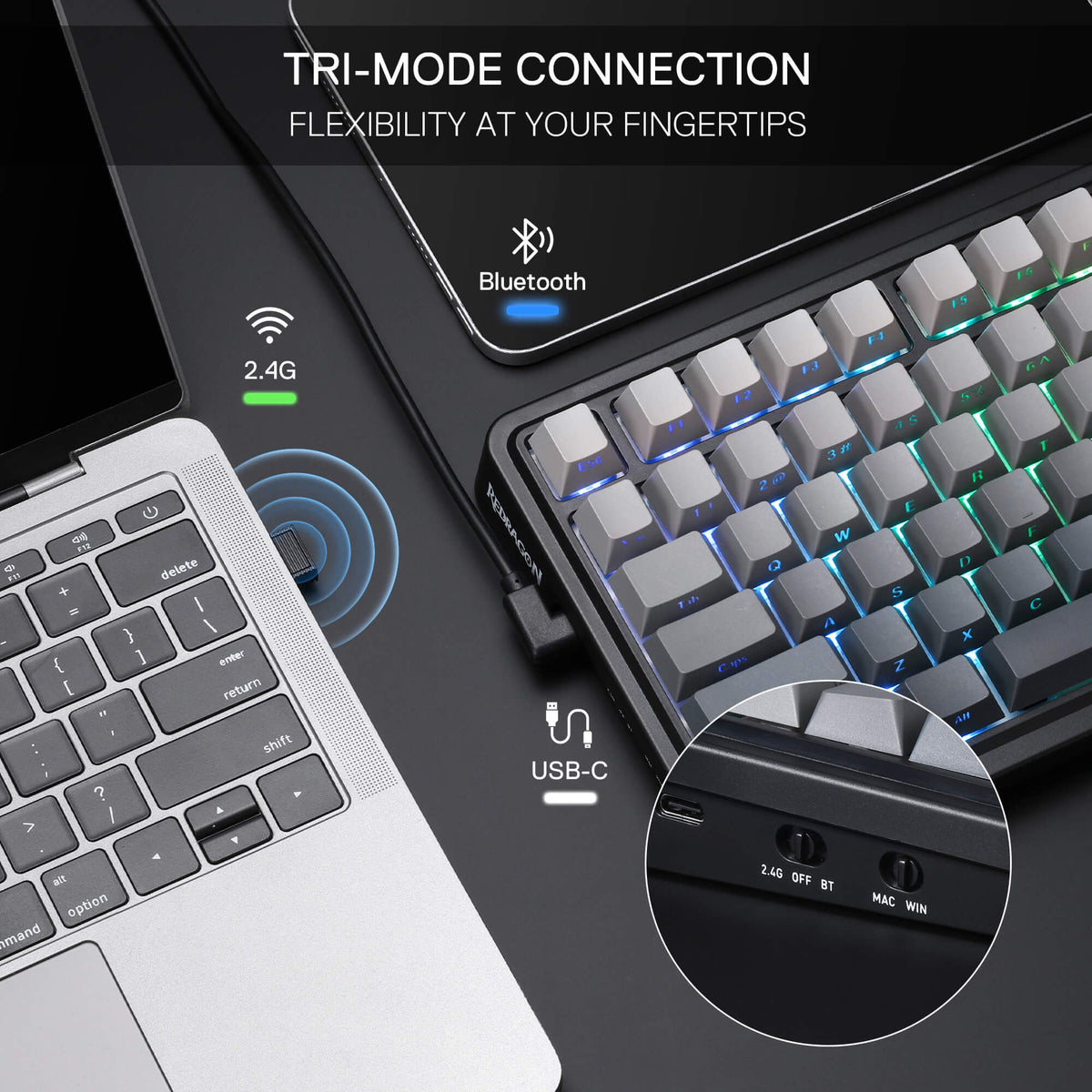 Redragon EU K686 PRO 98 Keys Wireless Gasket RGB Gaming Keyboard, 3-Mode PBT Mechanical Keyboard w/Hot-Swap South-Facing RGB Socket, Dedicated Knob Control & 5-Layer Noise Dampening, Gradient PBT Keycaps