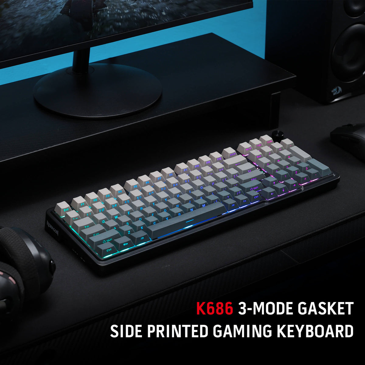 Redragon EU K686 PRO 98 Keys Wireless Gasket RGB Gaming Keyboard, 3-Mode PBT Mechanical Keyboard w/Hot-Swap South-Facing RGB Socket, Dedicated Knob Control & 5-Layer Noise Dampening, Gradient PBT Keycaps