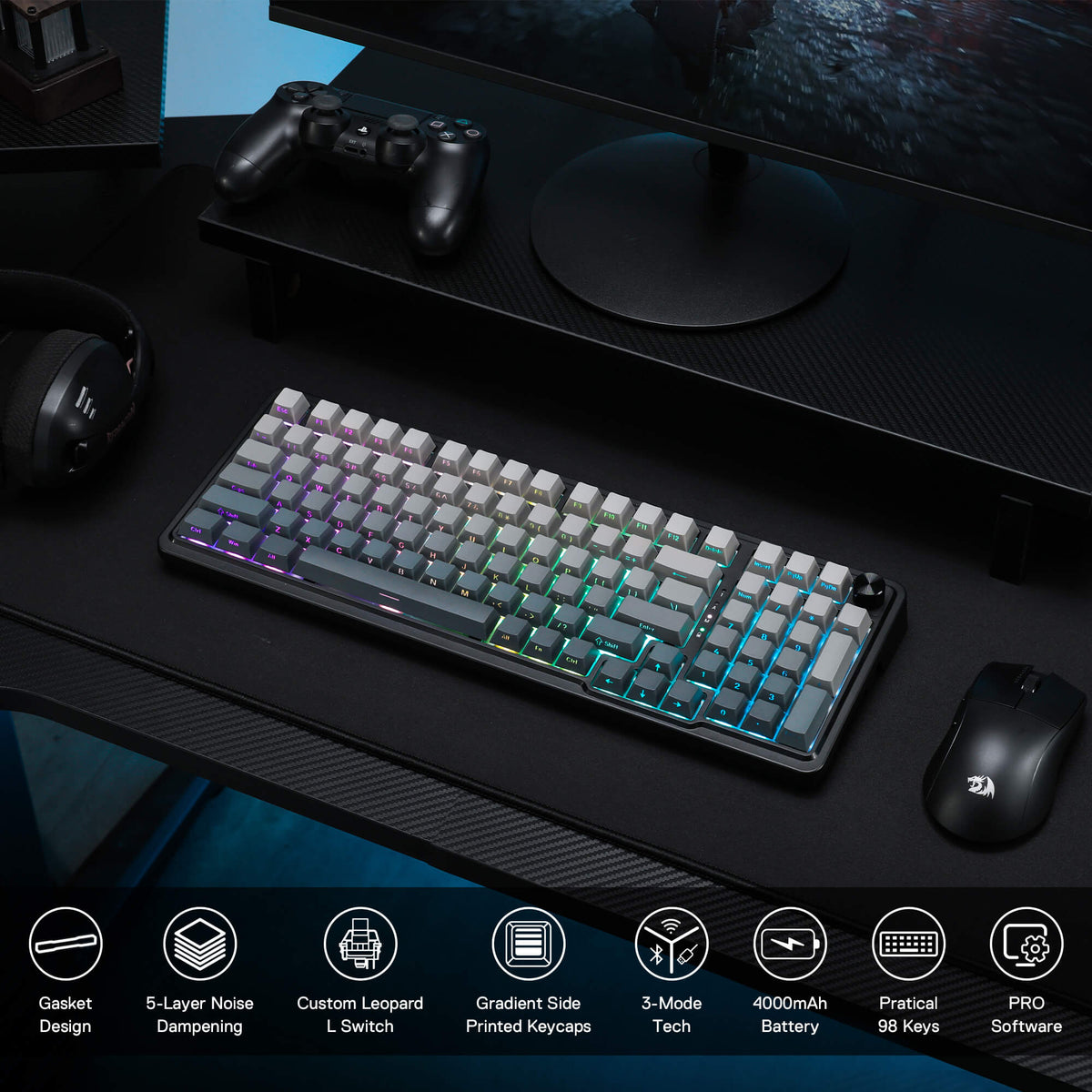 Redragon EU K686 PRO 98 Keys Wireless Gasket RGB Gaming Keyboard, 3-Mode PBT Mechanical Keyboard w/Hot-Swap South-Facing RGB Socket, Dedicated Knob Control & 5-Layer Noise Dampening, Gradient PBT Keycaps