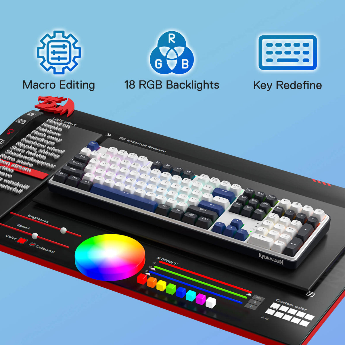 Redragon EU K689 Wired Gasket RGB Gaming Keyboard, 104 Keys + Extra 4 Hotkeys Mechanical Keyboard w/Upgraded Hot-swappable Socket, 5-Layer Noise Dampening, Mixed Color Keycaps, Custom Linear Switch
