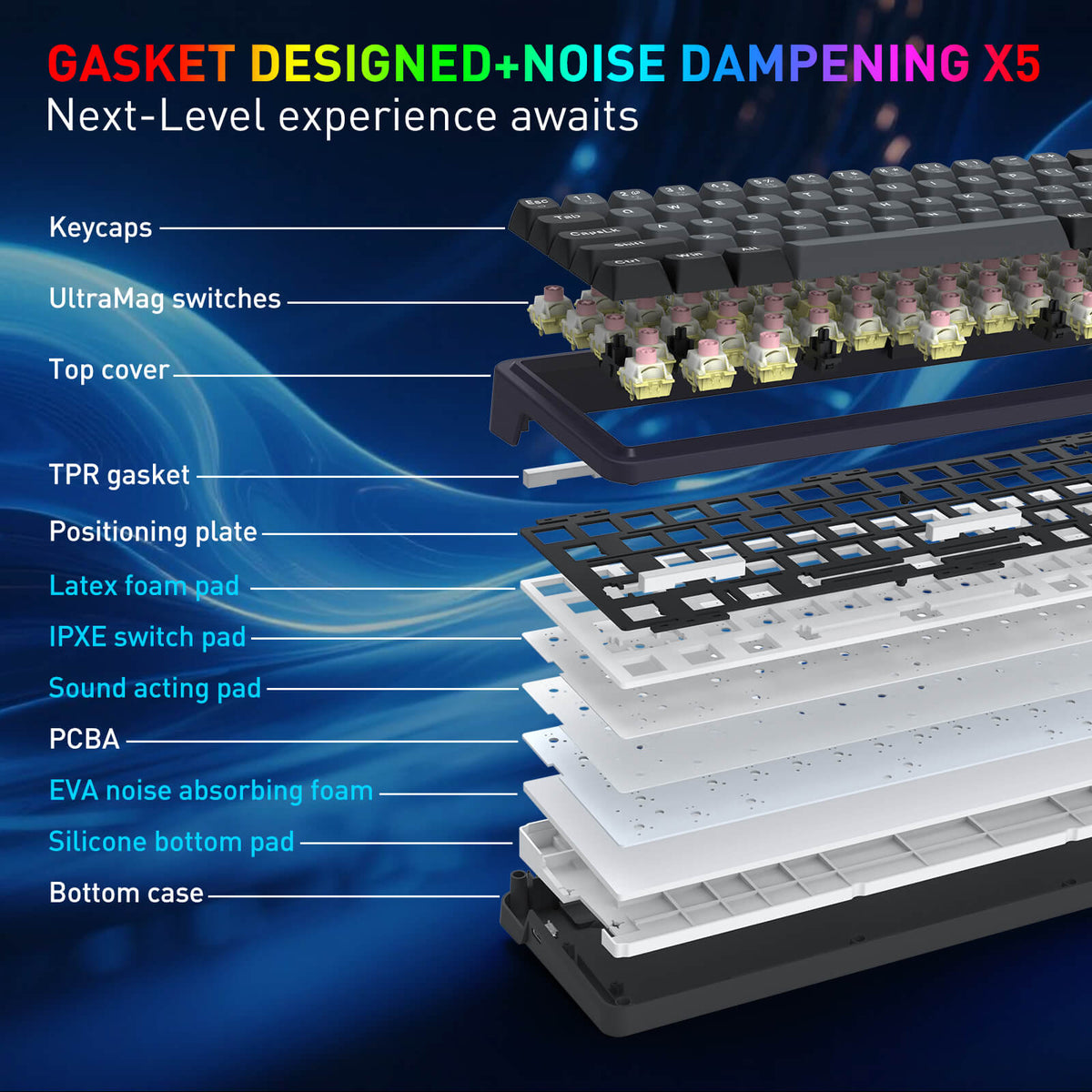 Detailed view of a keyboard with labeled components on a blue background