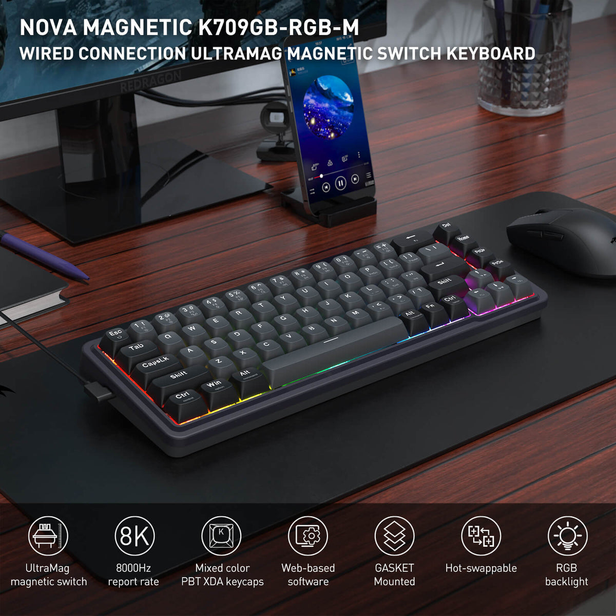 Redragon EU K709 HE Rapid Trigger Gaming Keyboard, 8K Wired Mechanical Keyboard w/Next-Gen UltraMag 100% POM Silky Magnetic Switch, Dual-Module Floating Patent Structure Design, 5-Layer Noise Dampener
